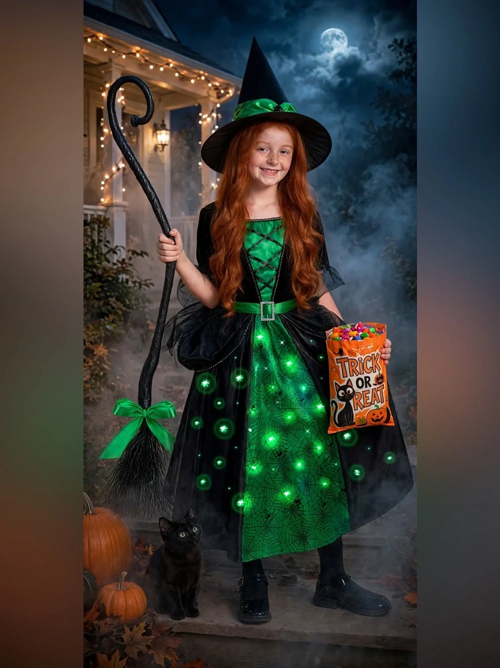 Poshetion Girls Witch Costumes, Light Up Halloween Witch Dress with Witch Broom